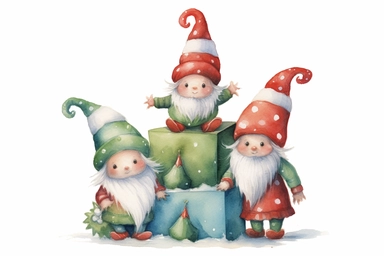 three cute adorable christmas gnomes by a christmass tree, a fourth gnome is climbing up a stack of presents, watercolor, red green, clip art