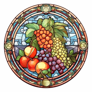 Vintage Cute Beautiful Round Stained Glass fruit Sublimation Clipart, Cartoon, hyper realistic, intricate detail, illustration style, high solution, on the white background