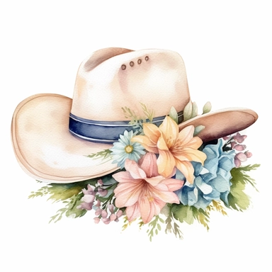a watercolor and ink clipart of a very feminine cowboy hat with flowers, pastel colours