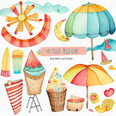 Please create a series of watercolor and pencil drawing clipart illustrations featuring different items related to summer. Each illustration should be drawn in a charming and playful style that captures the beauty and vibrancy of the season. Items to include can be beach umbrellas, flip flops, sunglasses, ice cream cones, sandcastles, and seashells. Please use a combination of watercolor and pencil drawing techniques to create a unique and artistic look. Additionally, please incorporate some gol