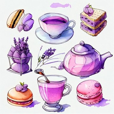 Draw a set of cartoon - style watercolor illustrations of a lavender - themed afternoon tea in shades of purple and pink. The images should have a elegant, refined, and sweet aesthetic, incorporating elements such as lavender - scented desserts, teas, and other culinary items such as macarons, scones, and a teapot. Individual images cliparts