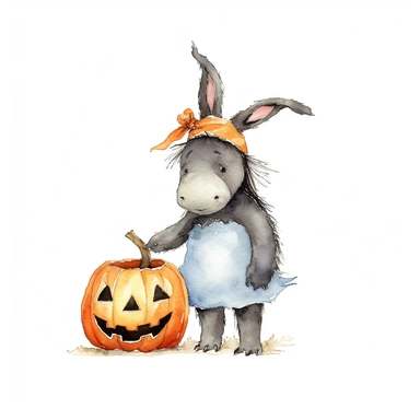 E.H. Shepard's Eeyore donkey in a Halloween theme wearing a pumpkin hat, with a Jack-o-lantern basket in its mouth also be wearing a black and orange bowtie, and have little bat wings on its back, white background Clipart watercolour (blue toy donkey) on white background in the style of lizzie mackay, in the style of E.H Shepard, sparklecore, twinklecore, whimsical animation, exquisite detail, high resolution, children illustration, magical, whimsical, twinkle lights, pastel, beautiful, sparkly,
