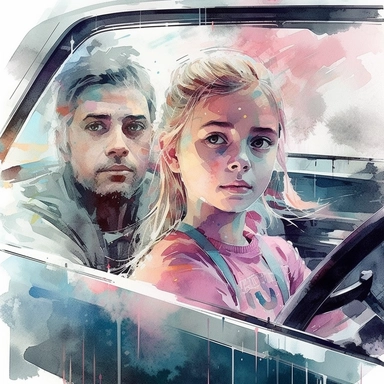 DESIGN A MAGNIFICENT AND EXQUISITE BREATHTAKING ONE-OF-A-KIND HIGH QUALITY HIGHLY DETAILED MASTERPIECE WATERCOLOR CLIPART ILLUSTRATION OF the long drive by rj schubert and an orphaned little girl, in the style of 2d game art, realistic portrait, colorful animations, neogeo, illusory wallpaper portraits, brushstroke fields, light gray and magenta, WHITE BACKGROUND, NO FONT, NO TEXT, NO WORDS, NO WATERMARK