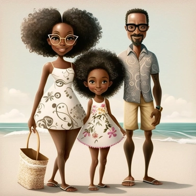 Happy Black Girl and her mom and dad Smiling at the beach ib sag harbor art,black girlsclipart, Funny black girl , Cheerful african american girl child png, clipart, afro ,Full body with legs , Cottage core , preppy , Highly detailed close-up portrait , standing , Nicoletta Ceccoli, Mark Ryden, lostfish, Earl Nor, global lighting, divine rays, detailed and intricate surroundings, sf, intricate artwork masterpiece, ominous, matte painting movie poster, blue ratio, trending on cgsociety, intricate