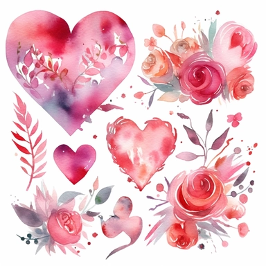 6 watercolor fancy valentines day clipart, isolated on white background,space out--ar3:2--s1000