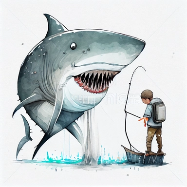 funny big sish going to fishing big shark , CLIPART, watercolor, ink, ultra-detailed, cartoon style, white background, black outside lines –testp,