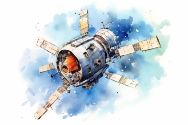 Watercolor, Design an image depicting a satellite in a Molniya orbit, optimized for communication in high latitudes with a highly elliptical orbit clipart, hd, on a white background, spaced out