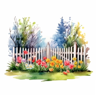 clipart, isolated on white background, Watercolor Spring beautiful ornated fence fulls of the colorful flowers and grass and plants and branches and tree, ornated, vivid and vibrant and saturated colors