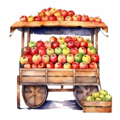 watercolor market stand with apples clipart, white background, realistic with high details, beautifully colored with strong palette pastel colors, 32k hd, detailed quality