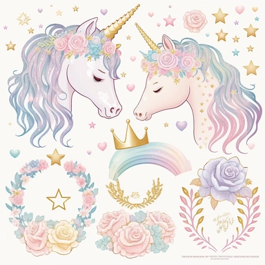 a collection of 3 rainbow pastel unicorn, princess tiara, rainbow, gold star, pink star, hearts, flowers, roses, plastercine, soft watercolour light, clipart svg white background