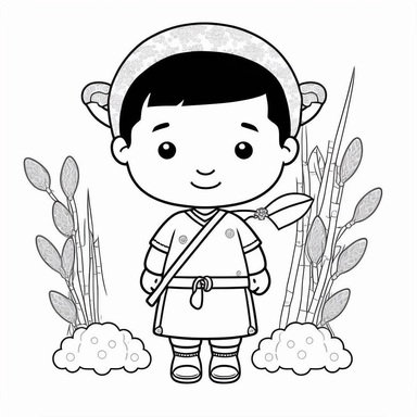 a boy, simple, traditional costume, local food, and animal,educational, history, and cultural diversity, clipart style, cute, picture book style, captivating, kid friendly cute character, black and white, coloring book, not color style, cartoon style, vector image, simple, line art style, character, white background