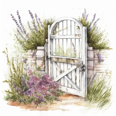 hand drawn opened white country garden gate with rosemary beside it, inside is an herb garden with lavender up front, glamorous, very detailed and realistic , watercolor, white background with margins, clipart style