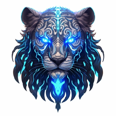 a glowing tribal tiger with blue lights on his eyes, tribal animals, in the style of manhwa character design, master of shadows, burned/charred, himalayan art, dark black and light azure, 2d game art, quadratura, clipart, on white blackground