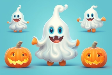 Cute ghost. Happy halloween ghosts characters, spooky expression creature. Funny scary magic demon with pumpkin, mystery creative nowaday vector clipart, realistic, full frame, very detailed