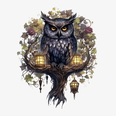 Watercolour dark fantasy black royal gothic deadly nightshade tree stood with dark magic books with deadly nightshade lanterns magnificent gothic owl stood on tree with mesmerising compelling features perfect magnificent detailed wings beautiful compelling realistic eyes PNG image ultra highly detailed, 18k, sharp focus, bright photo with rich colours digitally enhanced, enhanced graphics, straight, sharp focus, bright lighting, intricate detailed png image ,high definition,300dpi,graphic clipar