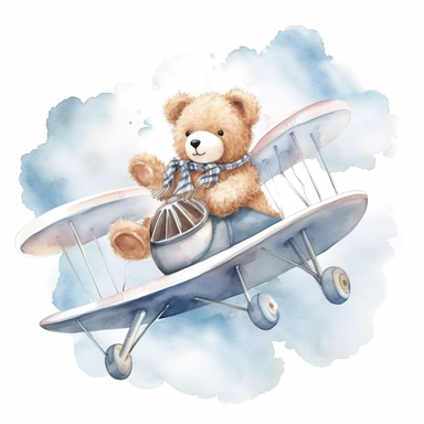 Embark on an adventure with a charming watercolor Teddy Bear soaring through the skies on an airplane. Painted with gentle brushstrokes and adorned with pastel hues, this delightful bear brings a sense of excitement and joy. Against a pristine white background, create a portrait-oriented image that captures the anticipation of a baby boy gender reveal. Let the Teddy Bear's playful expression and the whimsy of the airplane symbolize the journey of parenthood about to take flight. With this waterc