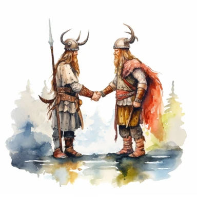 two vikings greeting each other on land watercolor clipart