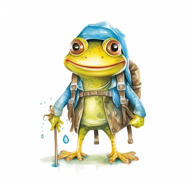 cute Frog character wearing camping clothes and camping gear with happy face,front facing on isolated background,with happy face and expression,Animal Sublimation Clipart,no splash watercolor,white background, ultra detailed clipart, cut out image, colorful watercolor realistic, cartoon style, ultra HD, sharp and clean art