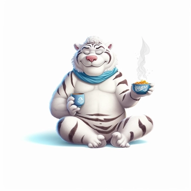 yoga happy white tiger, cartoon Clipart style, white background, tea time, 8k
