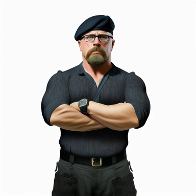 clipart of jamie hyneman with arms folded, black beret, white shirt, slim body type, full body portrait, photorealistic