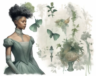 mint green pastel vector clipart african american mrs, in the style of dark white and light emerald, victorian-inspired illustrations, detailed botanical studies, nick alm, jeannette guichard-bunel, sterling silver highlights, hand-painted details