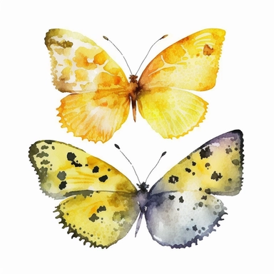 watercolor 2 butterflies clipart, flying 2 butterlies, full yellow, bright color, no outlines, white background, no text