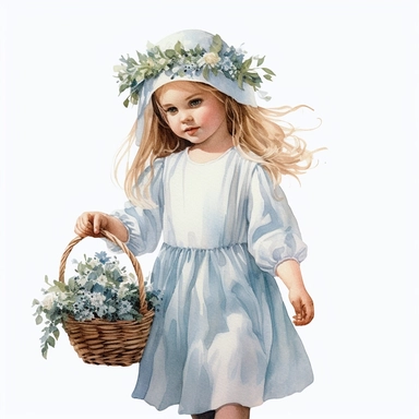 watercolor, hyper realistic, white background, white margins, 16k, ultra detailed clipart, cut out image, hand-drawn a female in a dress with flowers and basket in front of her, in the style of dark white and light blue, children's book illustrations, soft watercolours, pictorial fabrics, light emerald and light brown, light white and light blue, magical, backview