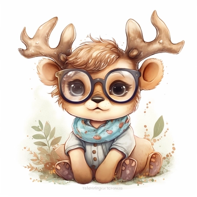 kawaii adorable fantasy baby elk wearing cute glasses, nursery art, clipart image, line art image, white background, inspired by yoshitaka amano art, very detailed, 8k