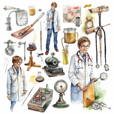 watercolor doctor related scenes , illustrations clipart set, simple, , cartoon elements ,different variants , nurse, doctor, stethtescope, mechanical body weighing scale, microscope, ,separate elements with a margin