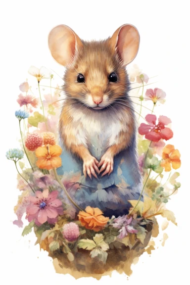 Chromolithography, vintage watercolor mouse floral clipart, nursery art, little mouse, mouse art, kids wall art, baby animal prints, isolated on white background, intricate details, hdr, 8k