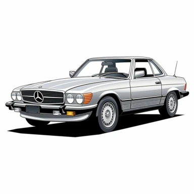 A stylized, clipart rendition of the 1975 Mercedes-Benz 450SL in its classic Astral Silver Metallic. The car's timeless design, with its distinctive front grill and convertible roof, are translated into sleek, geometric shapes. Against a pristine white background, the image communicates the vintage charm and sophistication of this classic Mercedes-Benz.