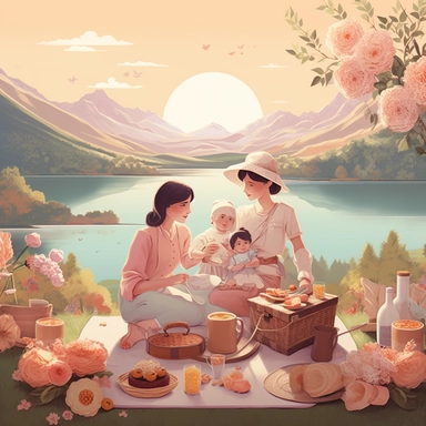Mother's day clipart featuring a mother and her children on a picnic, surrounded by a scenic landscape of mountains and a lake, with a basket of delicious food and drinks, portraying the love and bond between them, 3D rendering, using soft lighting and a warm color palette to create a cozy and inviting atmosphere, using soft pastel colors and light brush strokes to create a dreamy effect, solid white background