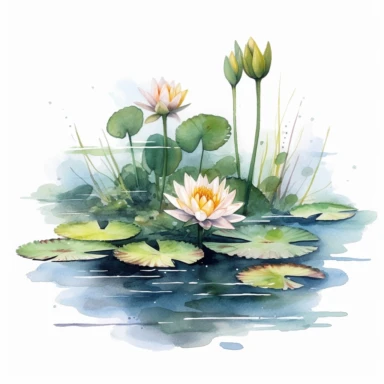 watercolor pond with lily pads and flowers clipart, white background