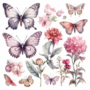 hand-painted watercolor clipart collection on white background featuring various flowers, a butterfly and foliage in pinks, greys and touch of gold details by Zdzisław Beksiński
