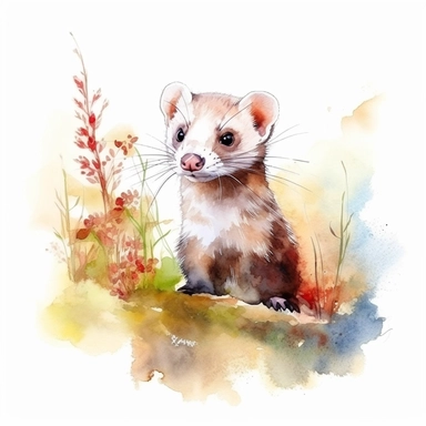 watercolor illustration of a ferret in nature clipart, in the style of realistic watercolor paintings, realistic, detailed, bright colours, white background, clipart