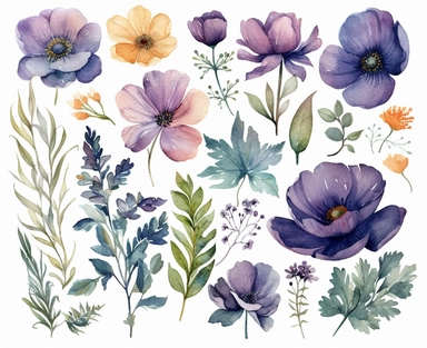 watercolour clipart for kids art in Disney cartoon style cute purple floral clipart separated on white background