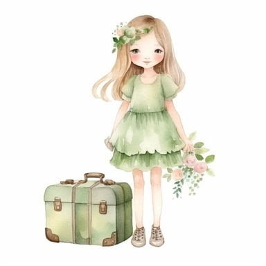 a cute little girl wearing vintage dress carrying vintage green suitcase with flowers, clipart watercolor white background
