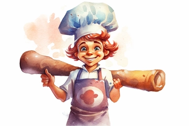 Watercolor, Design a cartoon character with a chef's hat and a rolling pin, depicting a baker clipart, hd, on a white background, spaced out