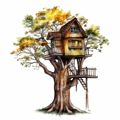 watercolour treehouse clipart illustration, on an isolated clean white background, with black ink outline and black border, cut out