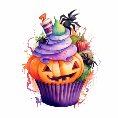 delicious Halloween cupcake with vibrant green, purple, orange, black, colours, witches hats, skulls, spiders and bats, pumpkins and candy confetti, owatercolour illustration clipart, extremely detailed, 4k, high quality, isolated on white background