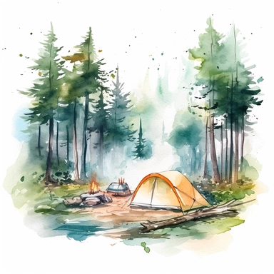 camping scene in forest watercolor style clipart on white background with margins