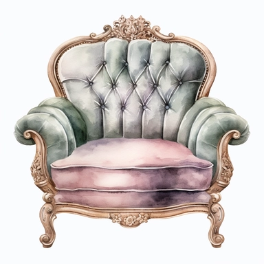 Pastel watercolor Victorian Velvet Armchair Plush and comfortable armchair with a curved backrest and soft velvet upholstery in pastel tones featuring exquisite tufting and carved wooden legs clipart isolated on white background, Light lavender and muted sage green with a touch of dusty rose pastel color palette, in brush style of Willem Haenraets, clean edges around image, in the style of pastel watercolor illustrations, feminine sensibilities, detailed illustrations, heavy shading, delicate pa