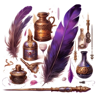 feather quill and ink magical items, in the style of digital illustration, purple and bronze, colorful dreams, commission for, detailed character illustrations, realistic, detailed rendering, fairycore, clipart