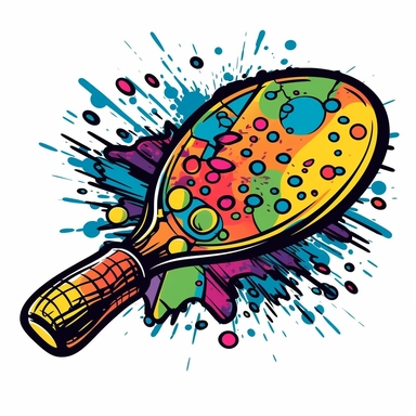 Picture an illustrated clip art of a lively pickleball racket, splashing out a series of vibrant colors from its net, expressing the energetic spirit of the sport. The design should have a cartoonish, playful vibe and a thick black outline for definition. –ar 1:1 –v 5.1 –style raw