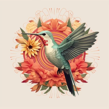 A captivating and highly realistic illustration of a hummingbird, beautifully captured in a vector format with a flat design aesthetic. The hummingbird's intricate feathers, delicate beak, and graceful posture are meticulously depicted, showcasing its natural beauty. It is surrounded by a circular arrangement of colorful flowers, each bloom meticulously crafted with vibrant colors and detailed shapes. Against a clean white background, this clipart provides the perfect base for t-shirt designs, a