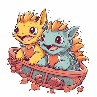 Two cute little baby dragons beside each other on a roller-coaster. anime style clipart.