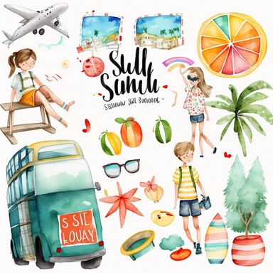 watercolor summer vacation from school clip arts, end of school year clipart, white background, no letters