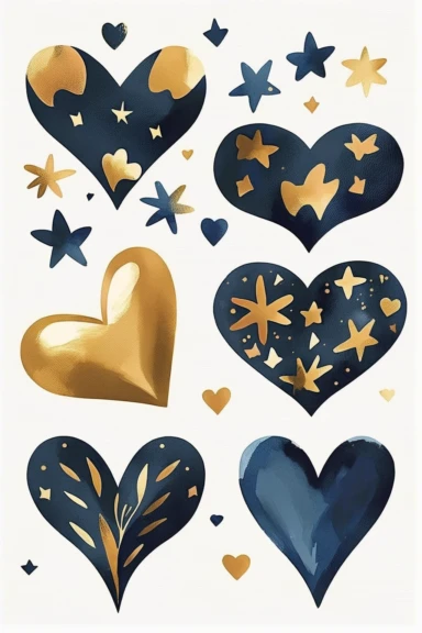 collection of clipart, hearts and stars theme, two big hearts and four big stars, modern watercolor. by mary blair. white background, navy blue, golden,
