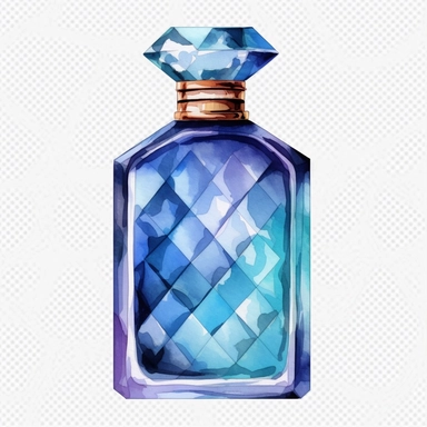 parfum glass bottle watercolor highly detaild standing in the sun blue color watercolor clipart
