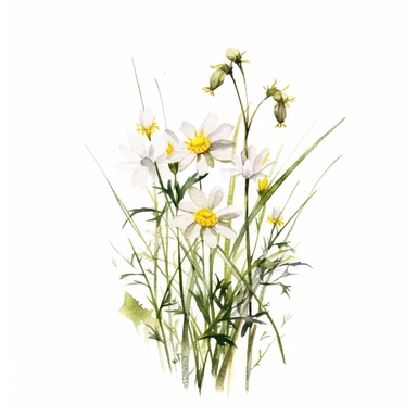 clean minimalistic wildflowers watercolor flower painting, in the style of watercolor landscapes, romantic and nostalgic themes, highly detailed and defined brush strokes of each stalk and grass and buds skillful clipart clean white background high contrast 16k resolution
